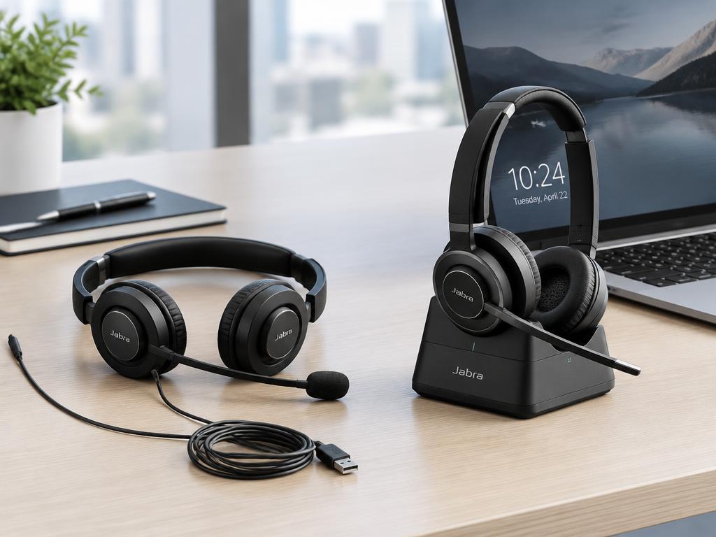Wired and wireless business headsets with boom microphones beside a laptop