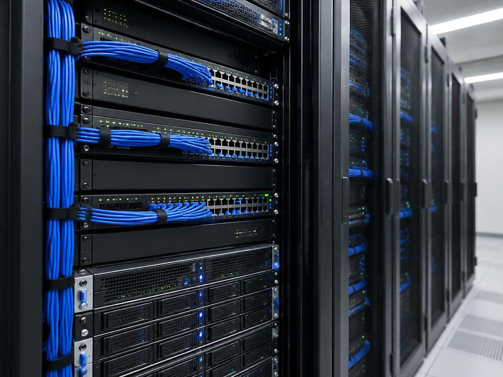 Enterprise server racks and network switches with neatly organised blue cables